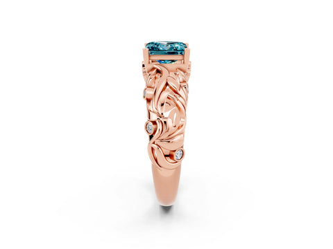 Rose gold Princess Cut Solitaire Blue Topaz Leaf-Inspired Vine Band Ring with Prong Setting_2