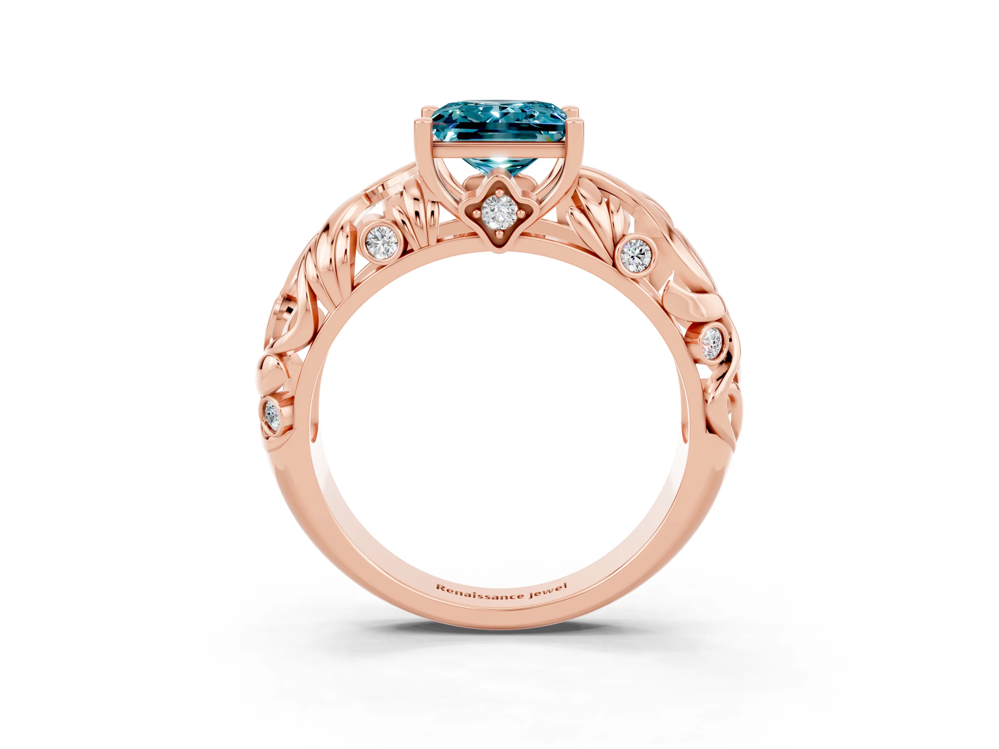 Rose gold Princess Cut Solitaire Blue Topaz Leaf-Inspired Vine Band Ring with Prong Setting_3