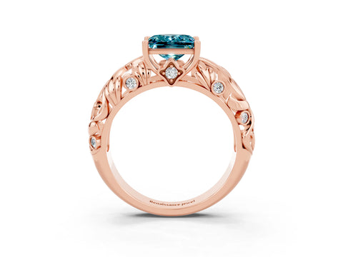 Rose gold Princess Cut Solitaire Blue Topaz Leaf-Inspired Vine Band Ring with Prong Setting_3