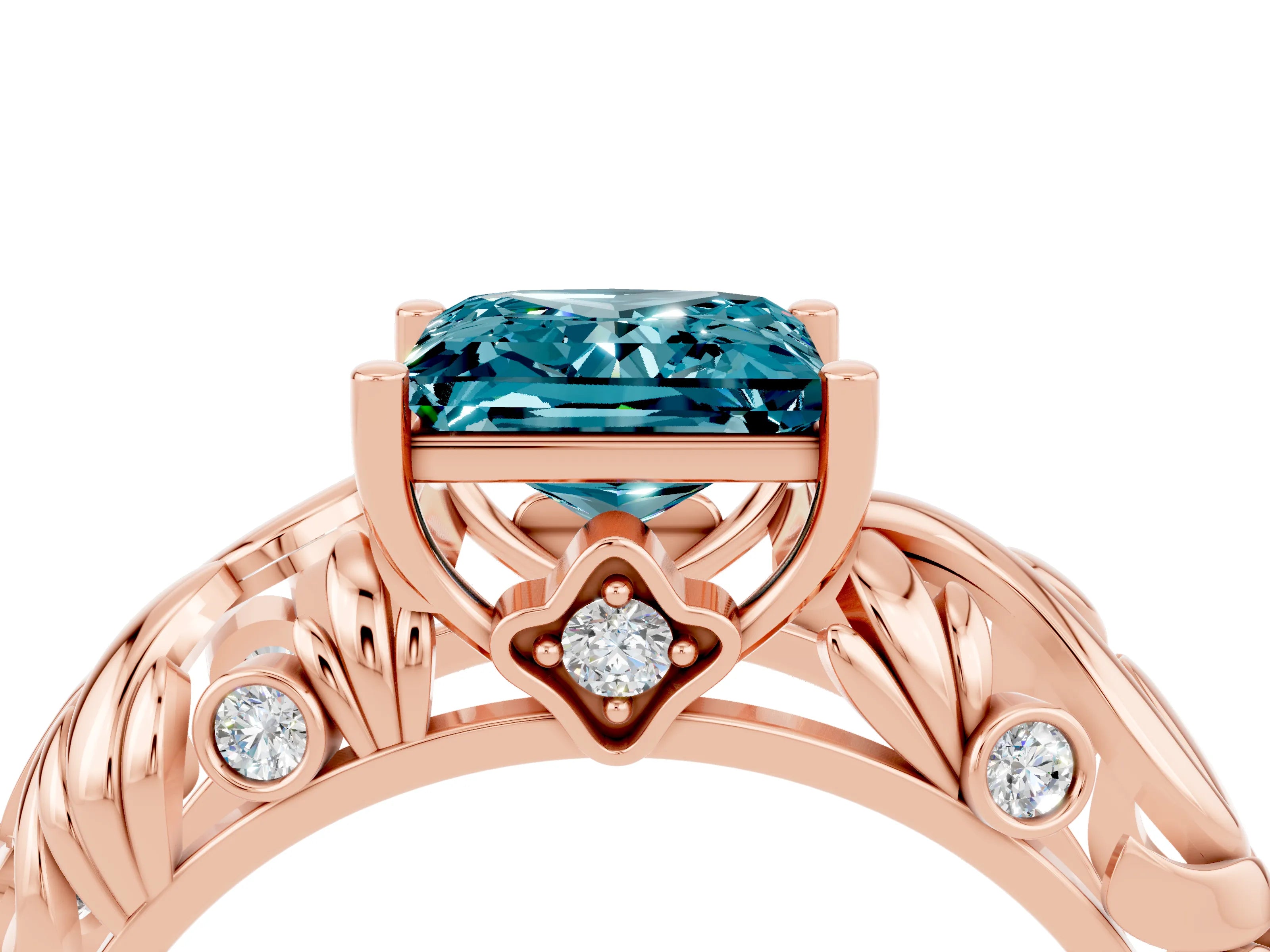 Rose gold Princess Cut Solitaire Blue Topaz Leaf-Inspired Vine Band Ring with Prong Setting_4