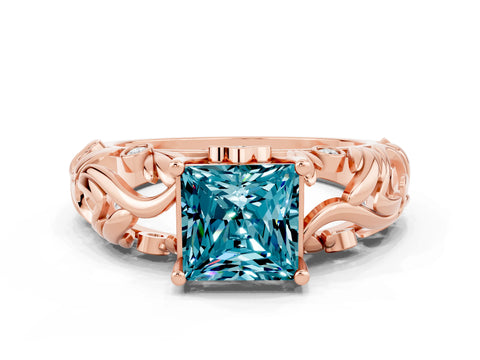 Rose gold Princess Cut Solitaire Blue Topaz Leaf-Inspired Vine Band Ring with Prong Setting