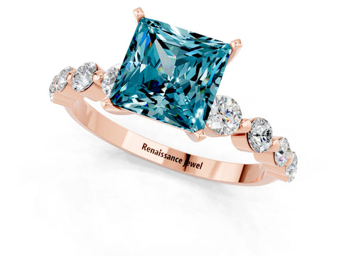 Rose gold Princess Cut Solitaire Blue Topaz Ring with Pave Band and Four-Prong Setting_1