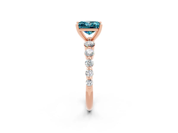 Rose gold Princess Cut Solitaire Blue Topaz Ring with Pave Band and Four-Prong Setting