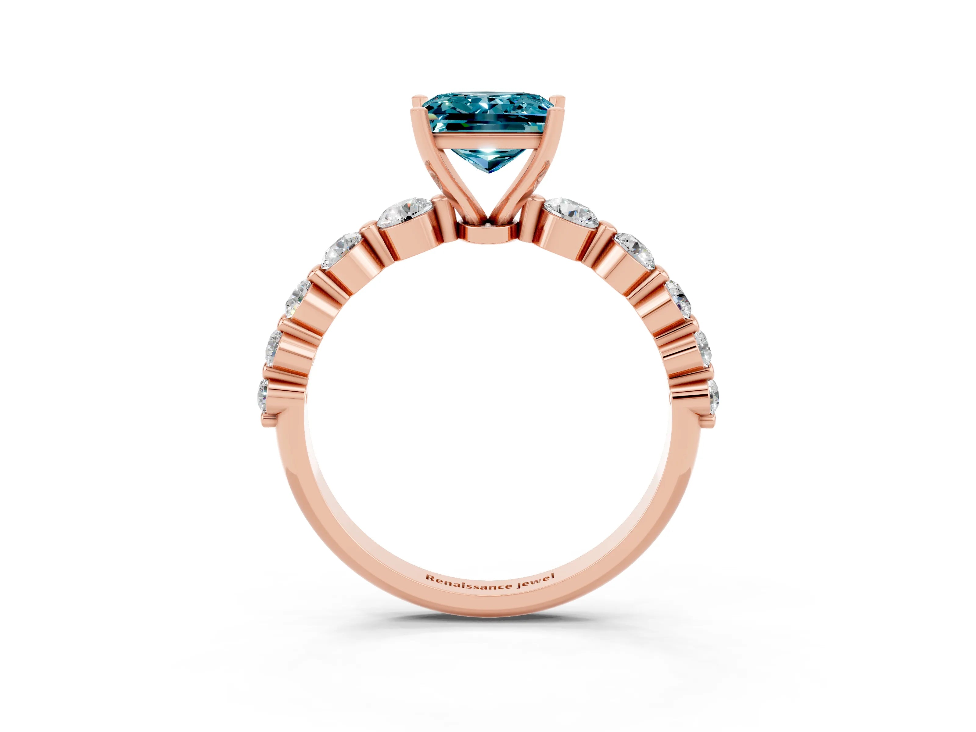 Rose gold Princess Cut Solitaire Blue Topaz Ring with Pave Band and Four-Prong Setting_3