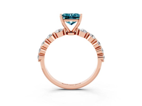 Rose gold Princess Cut Solitaire Blue Topaz Ring with Pave Band and Four-Prong Setting