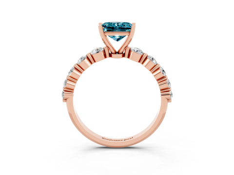 Rose gold Princess Cut Solitaire Blue Topaz Ring with Pave Band and Four-Prong Setting_3