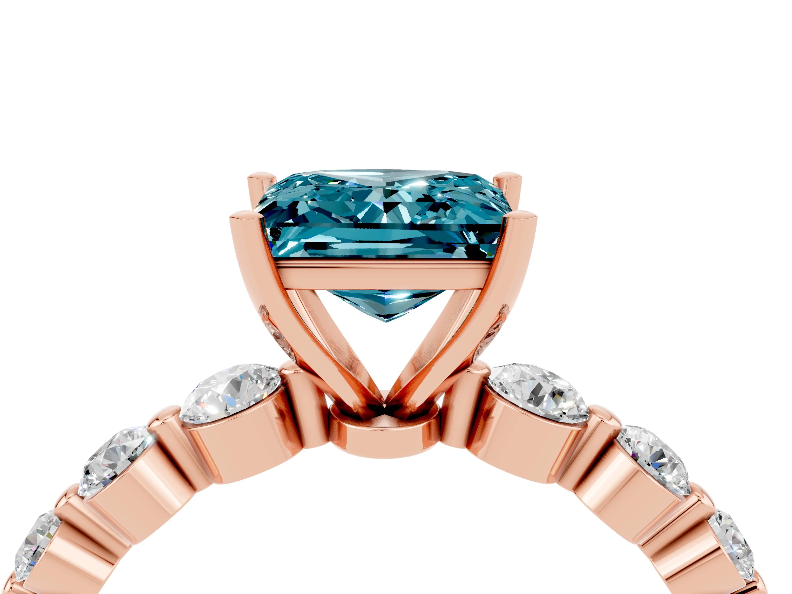 Rose gold Princess Cut Solitaire Blue Topaz Ring with Pave Band and Four-Prong Setting_4