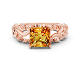 Rose gold Princess Cut Solitaire Citrine Leaf-Inspired Vine Band Ring with Prong Setting