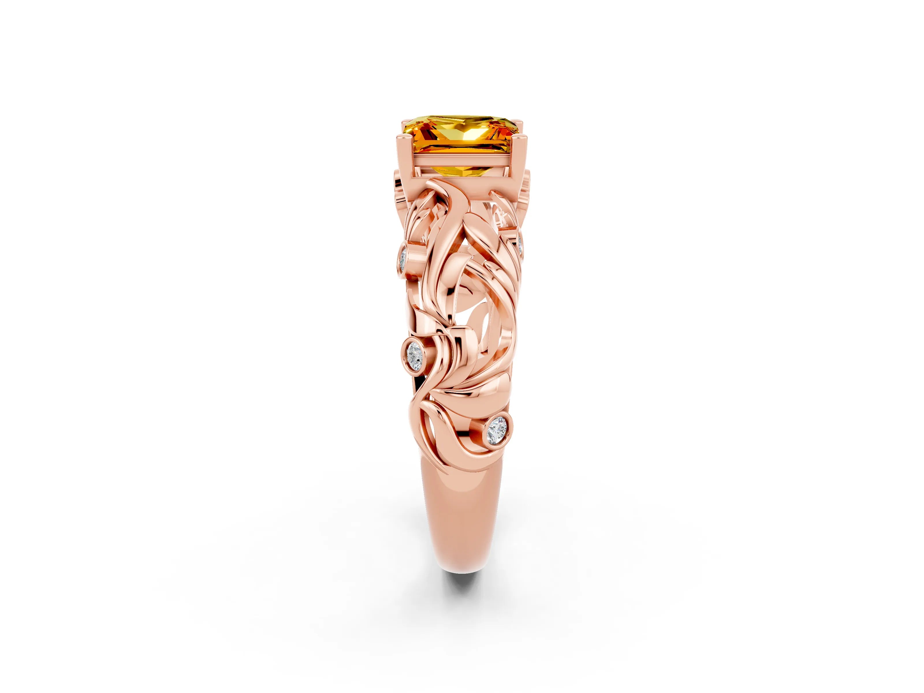 Rose gold Princess Cut Solitaire Citrine Leaf-Inspired Vine Band Ring with Prong Setting_2