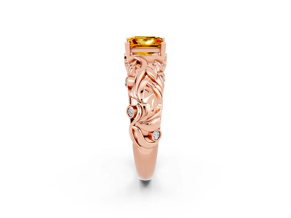 Rose gold Princess Cut Solitaire Citrine Leaf-Inspired Vine Band Ring with Prong Setting