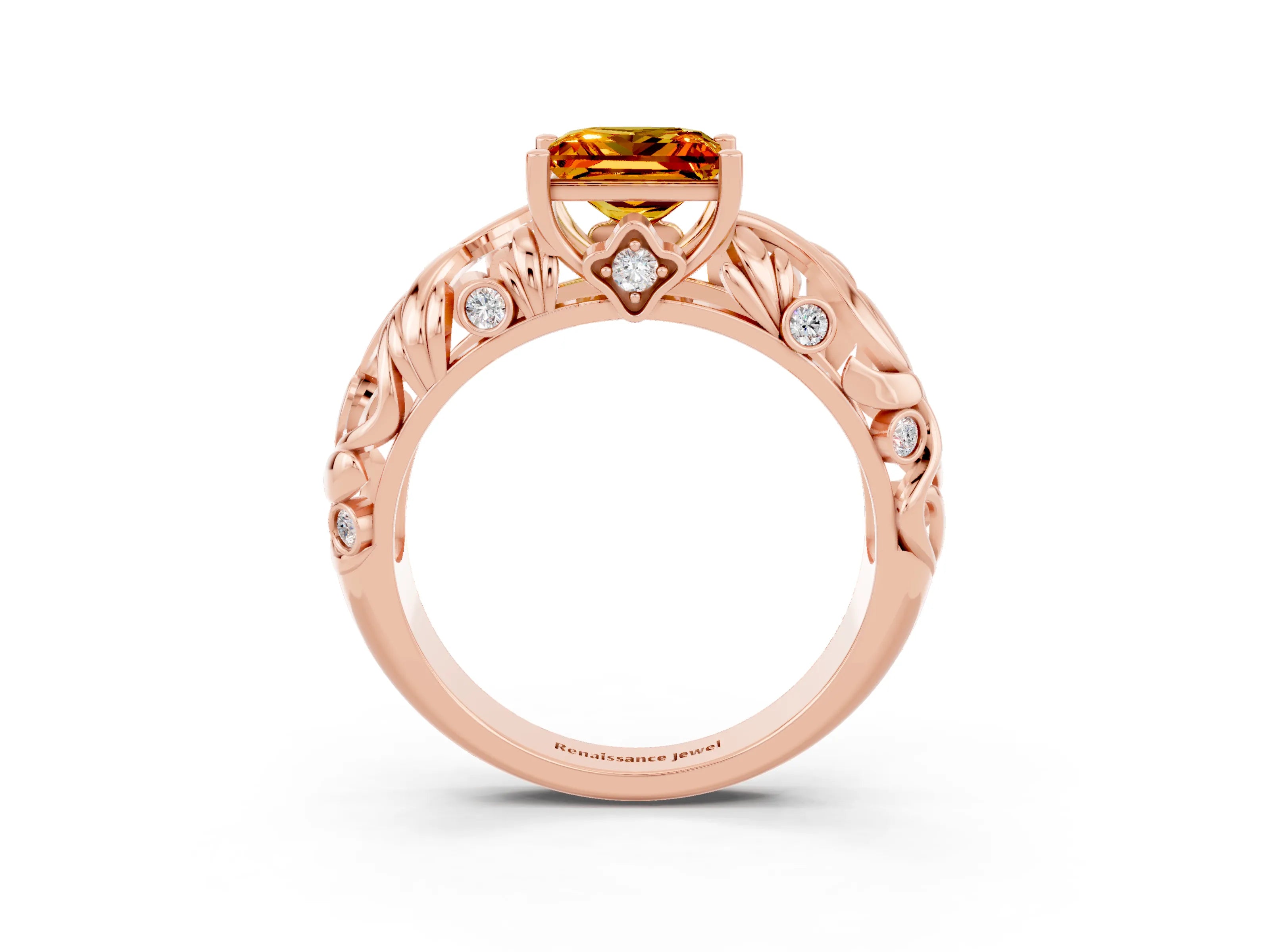 Rose gold Princess Cut Solitaire Citrine Leaf-Inspired Vine Band Ring with Prong Setting_3