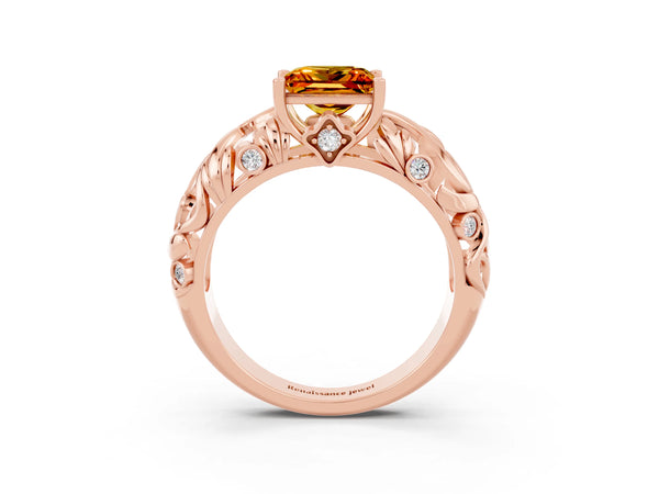 Rose gold Princess Cut Solitaire Citrine Leaf-Inspired Vine Band Ring with Prong Setting