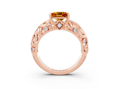 Rose gold Princess Cut Solitaire Citrine Leaf-Inspired Vine Band Ring with Prong Setting_3