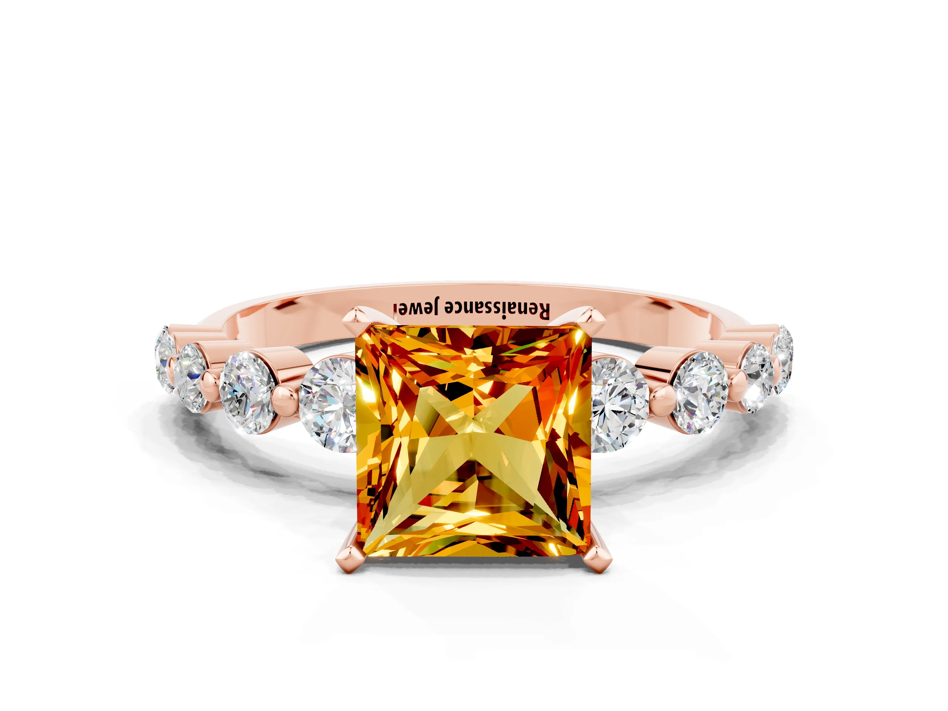 Rose gold Princess Cut Solitaire Citrine Ring with Pave Band and Four-Prong Setting