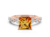 Rose gold Princess Cut Solitaire Citrine Ring with Pave Band and Four-Prong Setting