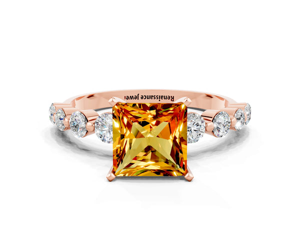 Rose gold Princess Cut Solitaire Citrine Ring with Pave Band and Four-Prong Setting