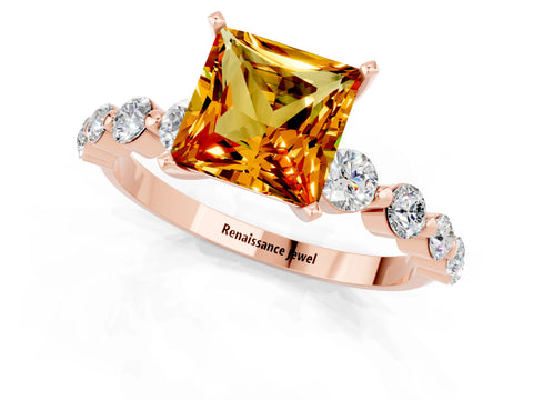 Rose gold Princess Cut Solitaire Citrine Ring with Pave Band and Four-Prong Setting_1
