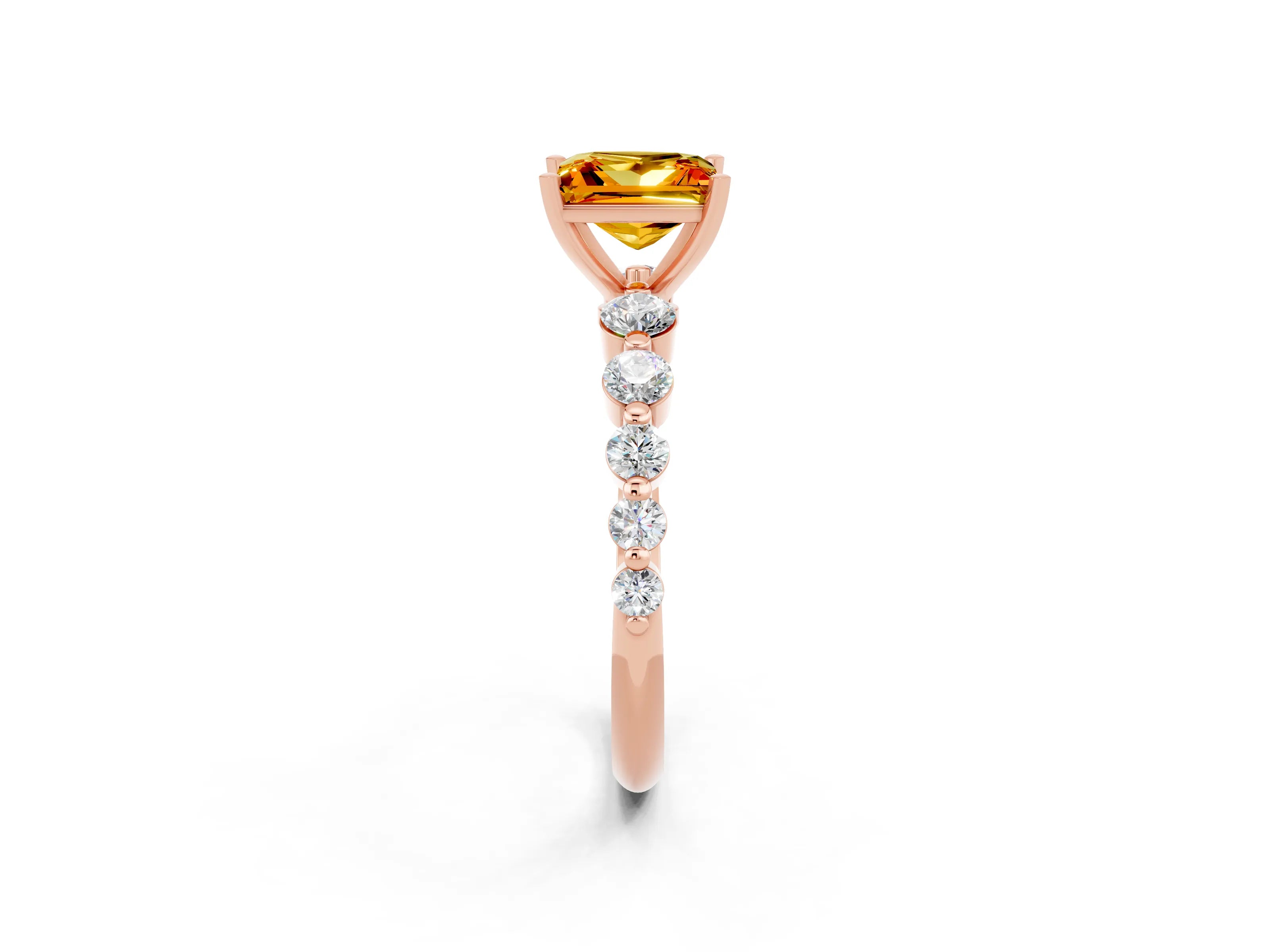 Rose gold Princess Cut Solitaire Citrine Ring with Pave Band and Four-Prong Setting_2