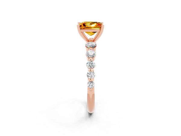 Rose gold Princess Cut Solitaire Citrine Ring with Pave Band and Four-Prong Setting