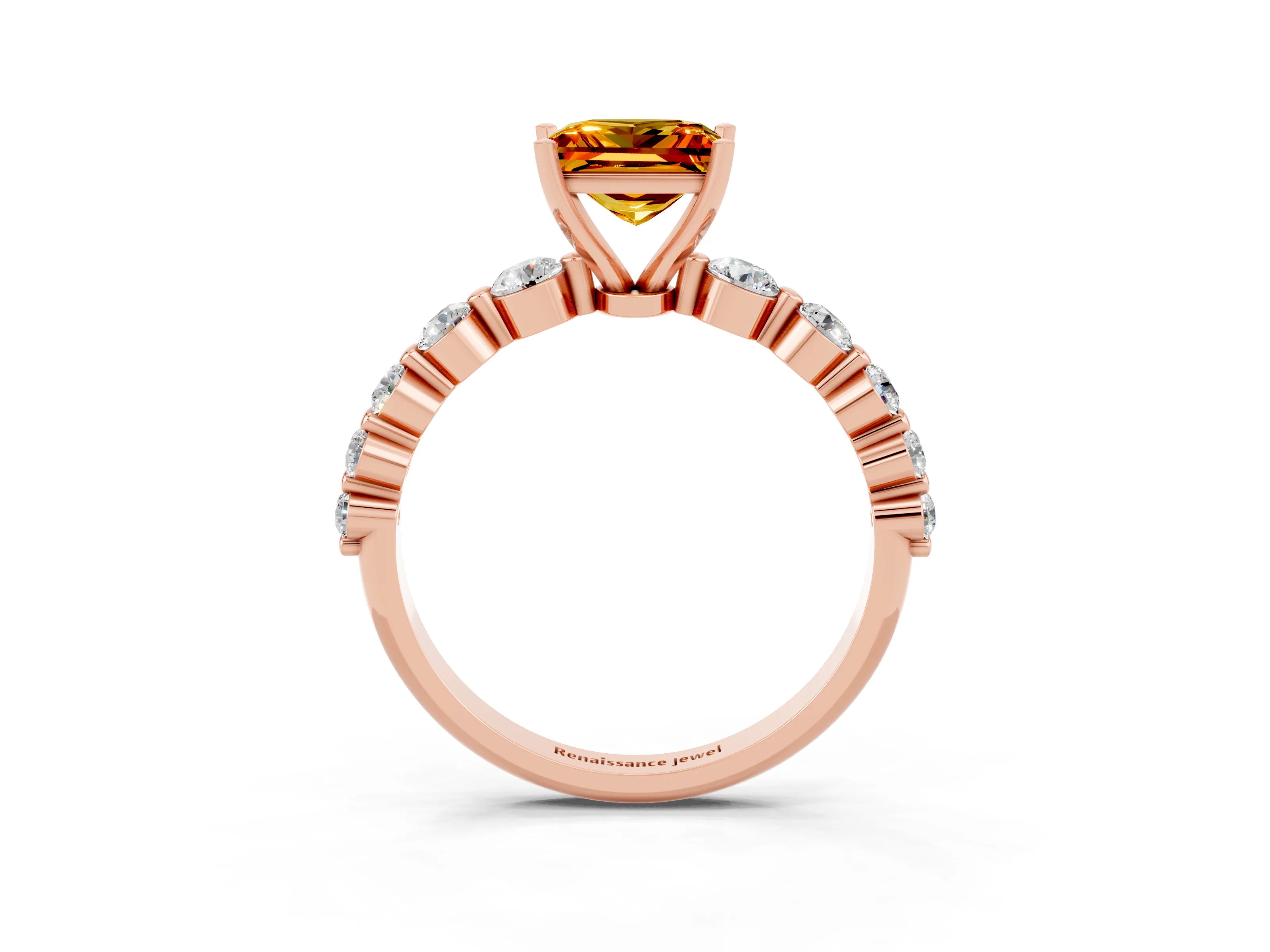 Rose gold Princess Cut Solitaire Citrine Ring with Pave Band and Four-Prong Setting_3