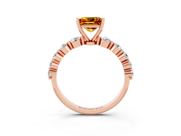 Rose gold Princess Cut Solitaire Citrine Ring with Pave Band and Four-Prong Setting
