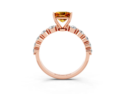 Rose gold Princess Cut Solitaire Citrine Ring with Pave Band and Four-Prong Setting_3