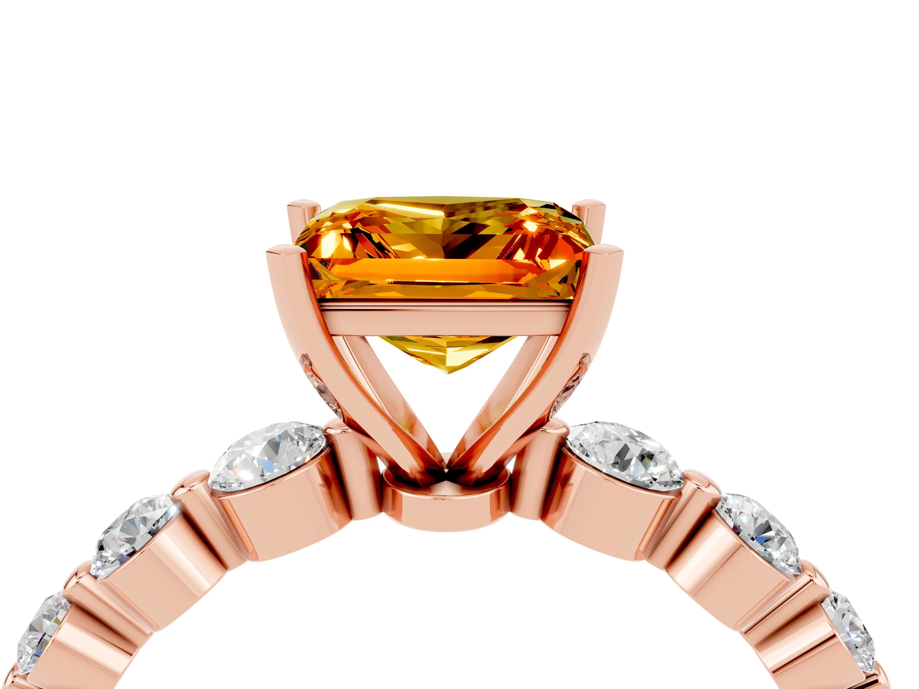Rose gold Princess Cut Solitaire Citrine Ring with Pave Band and Four-Prong Setting_4