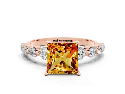 Rose gold Princess Cut Solitaire Citrine Ring with Pave Band and Four-Prong Setting