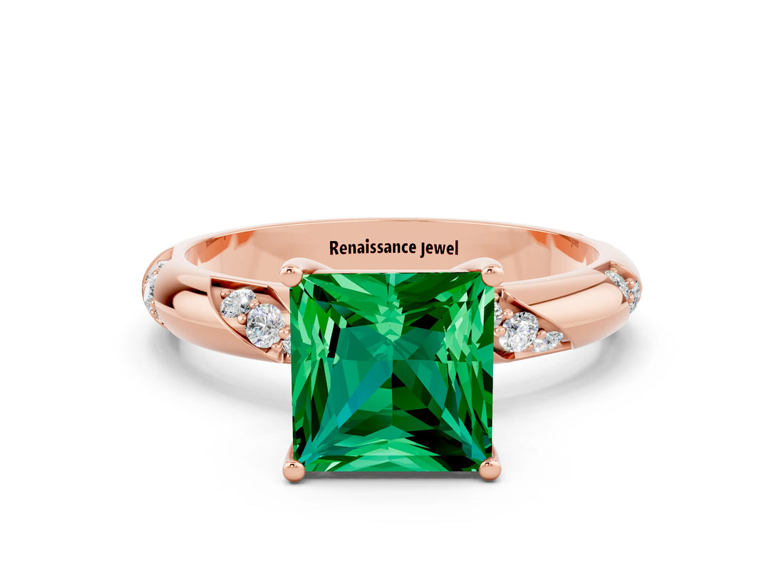 Rose gold Princess Cut Solitaire Diamond Engagement Ring with Twisted Pave Band and Four-Prong Setting