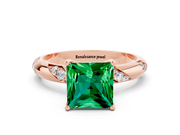 Rose gold Princess Cut Emerald Solitaire Engagement Ring with Twisted Round  Accent Band and Prong Setting