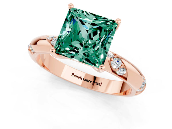 Rose gold Princess Cut Green Sapphire Solitaire Engagement Ring with Twisted Round  Accent Band and Prong Setting