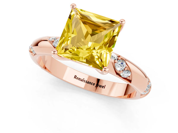 Rose gold Princess Cut Yellow Sapphire Solitaire Engagement Ring with Twisted Round  Accent Band and Prong Setting