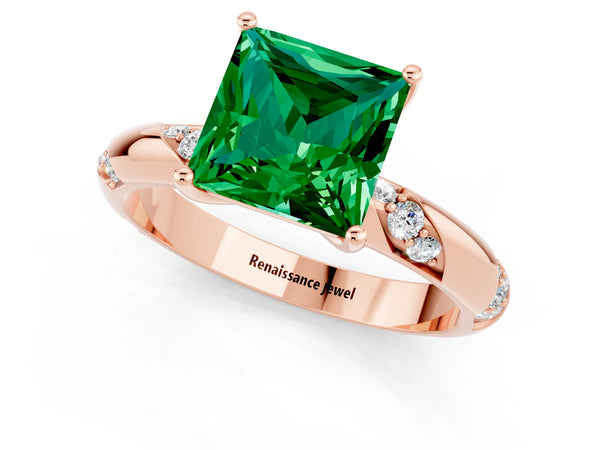 Rose gold Princess Cut Emerald Solitaire Engagement Ring with Twisted Round  Accent Band and Prong Setting