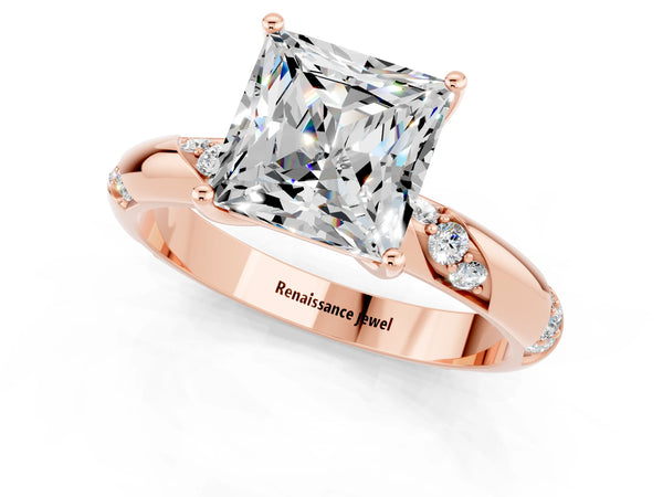 Rose gold Princess Cut Moissanite Solitaire Engagement Ring with Twisted Round  Accent Band and Prong Setting