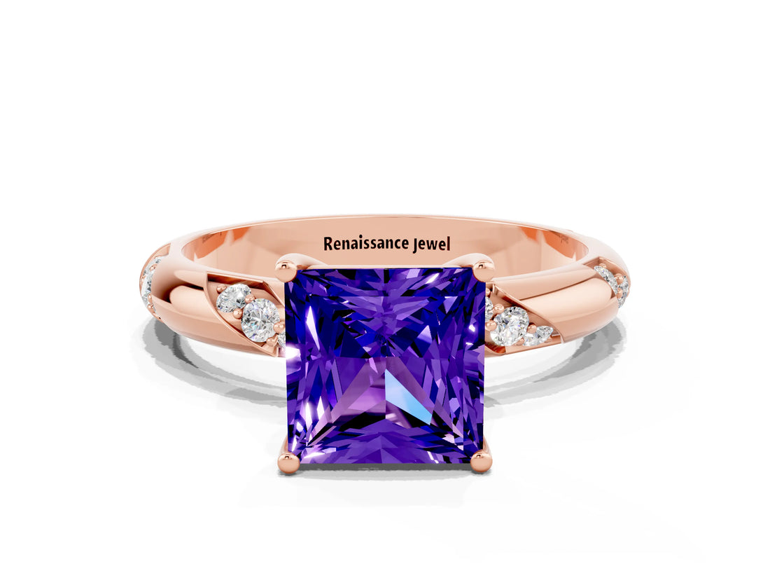 Rose gold Princess Cut Solitaire Diamond Engagement Ring with Twisted Pave Band and Four-Prong Setting