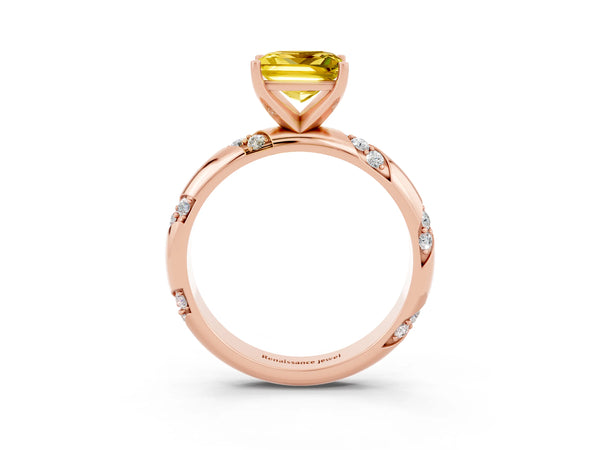 Rose gold Princess Cut Yellow Sapphire Solitaire Engagement Ring with Twisted Round  Accent Band and Prong Setting