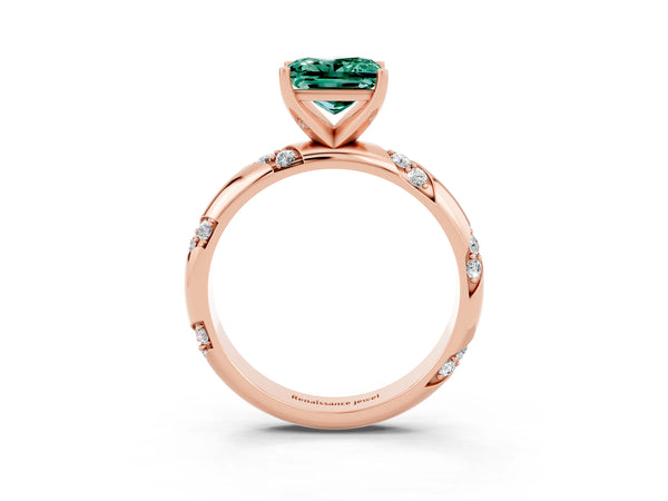 Rose gold Princess Cut Green Sapphire Solitaire Engagement Ring with Twisted Round  Accent Band and Prong Setting