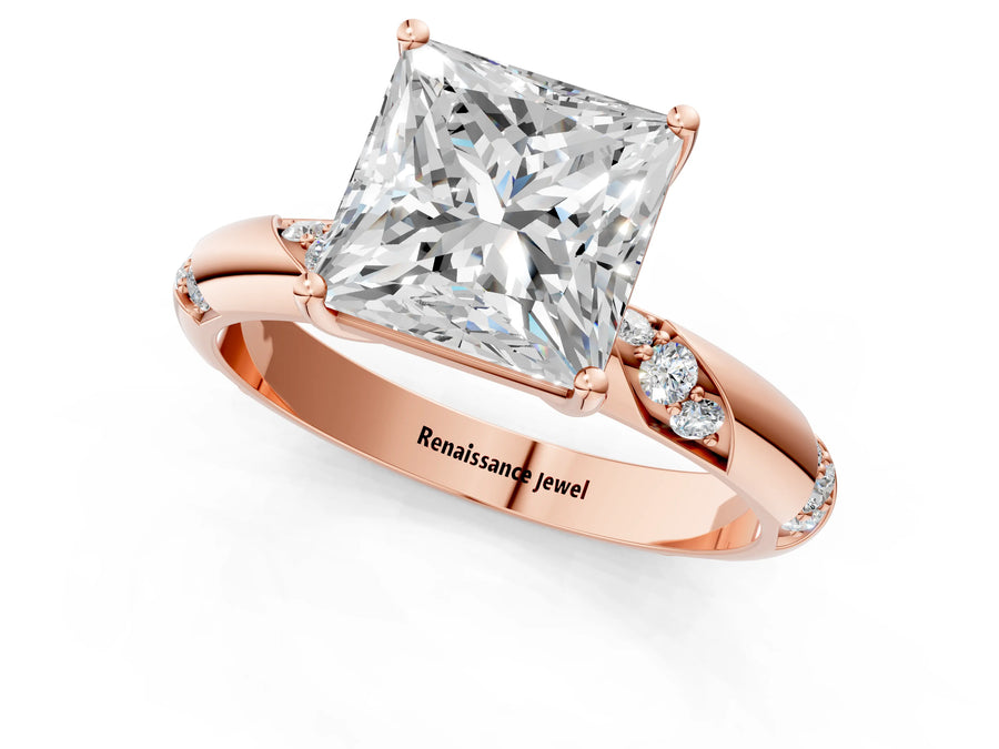 Rose gold Princess Cut Solitaire Diamond Engagement Ring with Twisted Pave Band and Four-Prong Setting