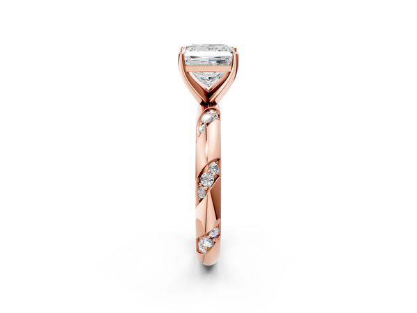 Rose gold Princess Cut Solitaire Diamond Engagement Ring with Twisted Pave Band and Four-Prong Setting