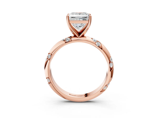 Rose gold Princess Cut Solitaire Diamond Engagement Ring with Twisted Pave Band and Four-Prong Setting