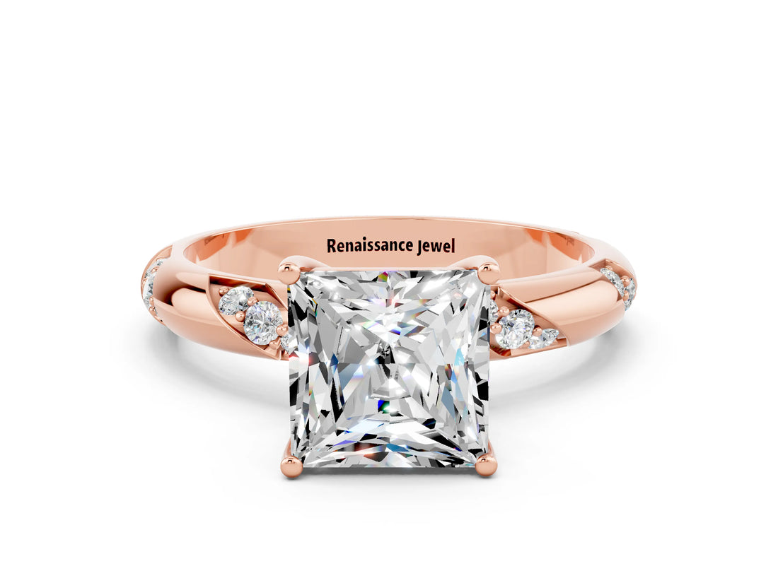 Rose gold Princess Cut Solitaire Diamond Engagement Ring with Twisted Pave Band and Four-Prong Setting