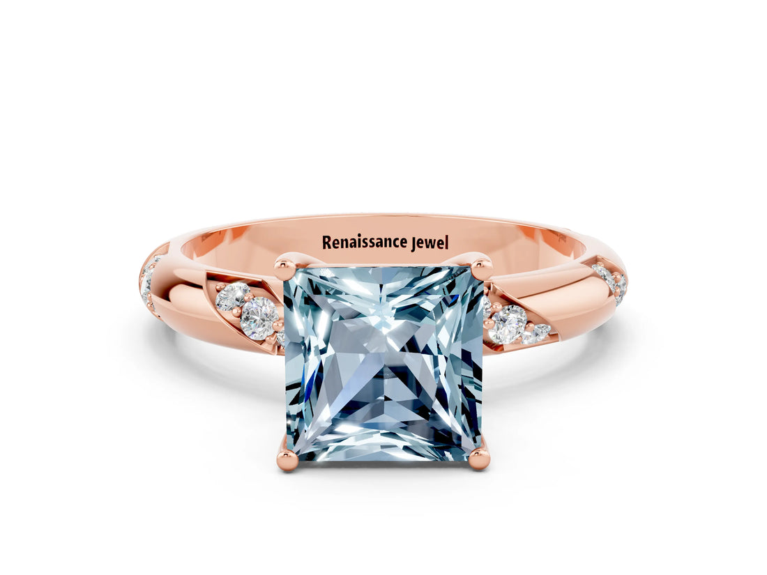 Rose gold Princess Cut Solitaire Diamond Engagement Ring with Twisted Pave Band and Four-Prong Setting