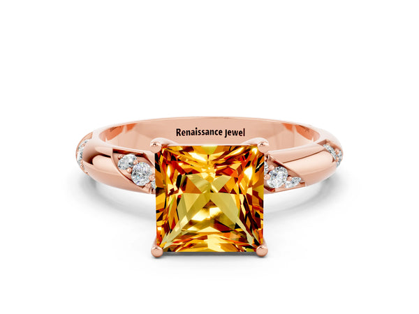 Rose gold Princess Cut Citrine Solitaire Engagement Ring with Twisted Round  Accent Band and Prong Setting