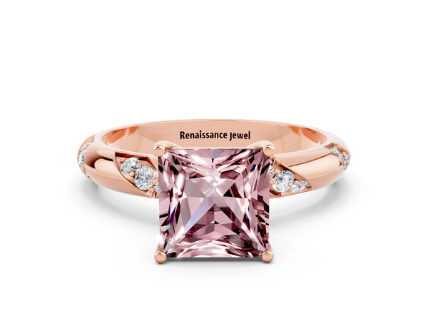 Rose gold Princess Cut Solitaire Diamond Engagement Ring with Twisted Pave Band and Four-Prong Setting