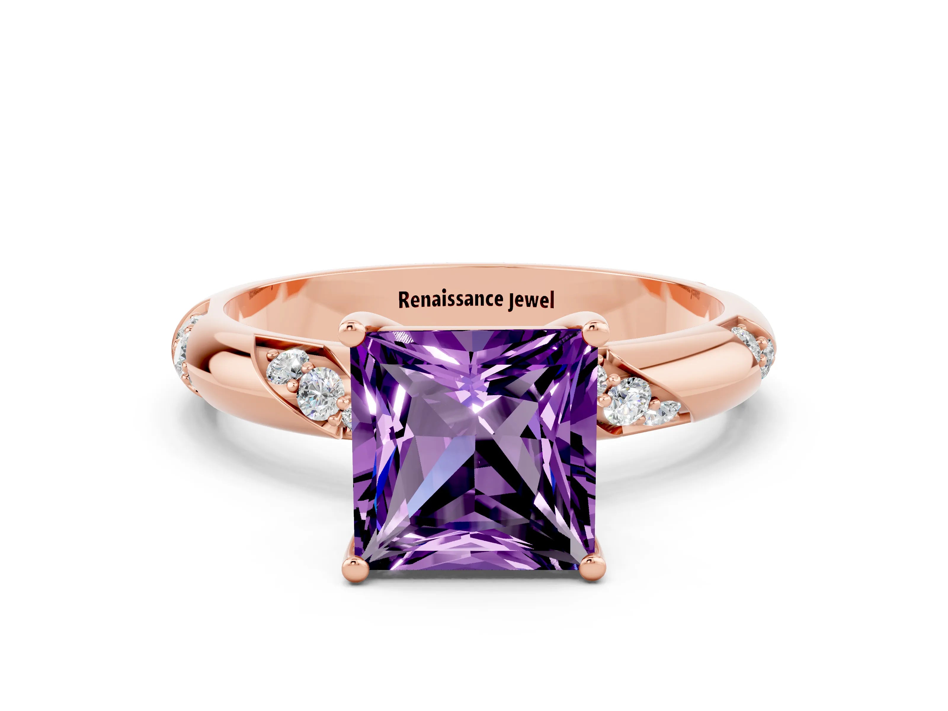 Rose gold Princess Cut Solitaire Diamond Engagement Ring with Twisted Pave Band and Four-Prong Setting