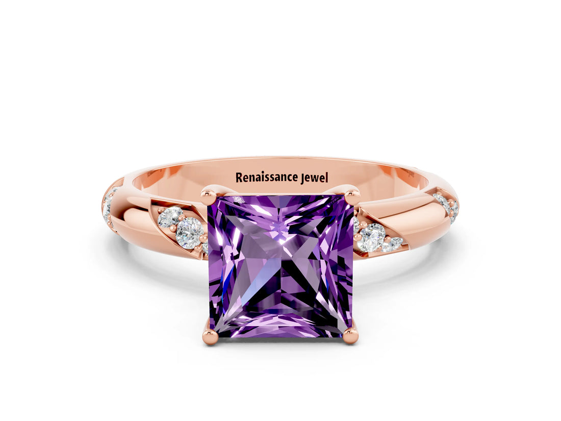 Rose gold Princess Cut Solitaire Diamond Engagement Ring with Twisted Pave Band and Four-Prong Setting