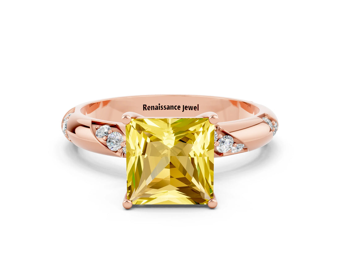 Rose gold Princess Cut Solitaire Diamond Engagement Ring with Twisted Pave Band and Four-Prong Setting