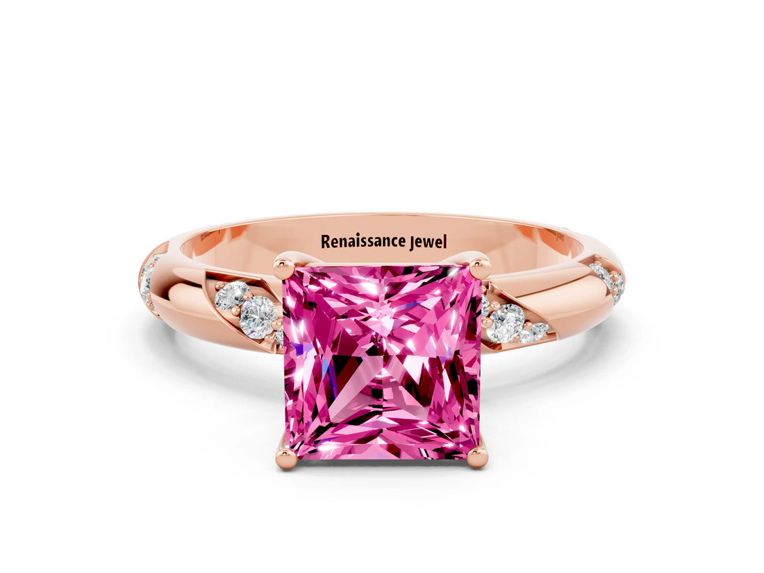 Rose gold Princess Cut Solitaire Diamond Engagement Ring with Twisted Pave Band and Four-Prong Setting