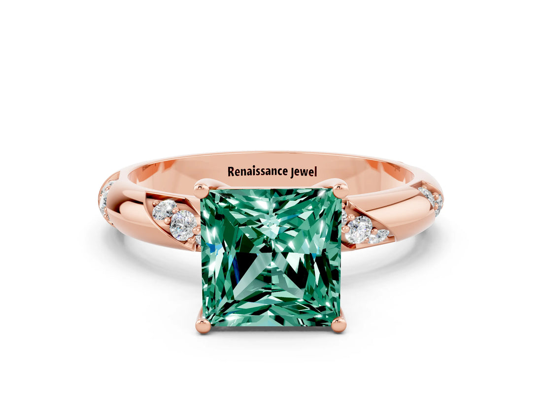 Rose gold Princess Cut Solitaire Diamond Engagement Ring with Twisted Pave Band and Four-Prong Setting