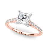 Rose gold Princess Cut Solitaire Diamond Ring with Pave Band and Four-Prong Setting